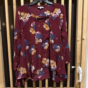 Grace & Lace Tunic Top Womens S Burgundy Blue Orange Floral Long Sleeve Boho
